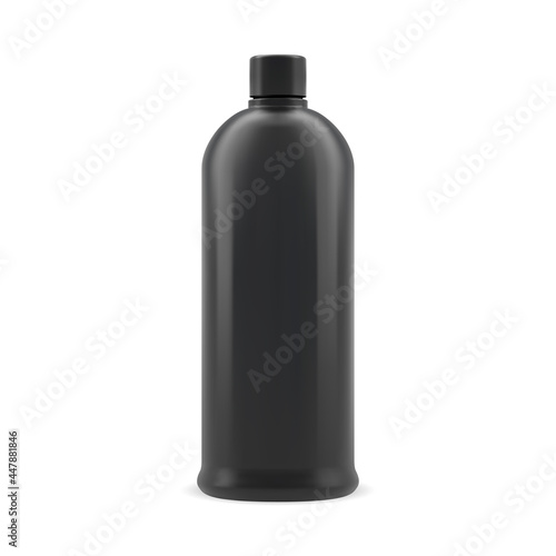 Black shampoo bottle. Black plastic cosmetic container vector template mockup. Hair beauty product cylinder package. Bathroom gel black shiny packaging