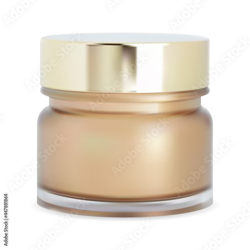 Cosmetic powder jar. Face cream bottle, mackeup box. Glossy glass realistic jar with gold glossy metal lid. Body scrub tube, round creme bottle