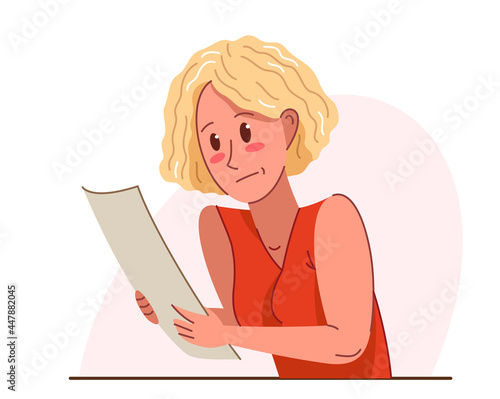 Young woman in problems with paper work vector flat illustration isolated over white, accountant employee or lawyer, mistake fail problem.