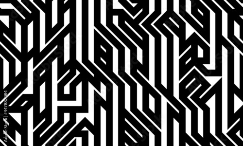 Tech style seamless linear pattern vector, monochrome circuit board lines endless background wallpaper image, black and white geometric design techno micro picture.