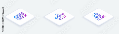 Set Isometric line Barcode, Shopping basket and Seller. White square button. Vector