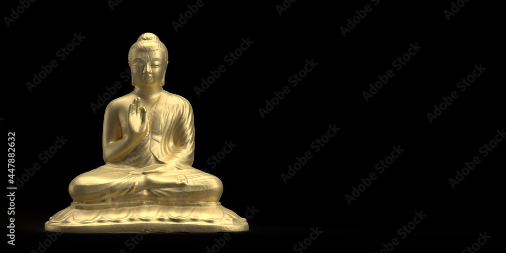Buddhism and meditation concept: Golden sitting Nirvana Buddha statue on black background with copy space. Zen-like spirituality. Religious sculpture. Travel destination. Decorative object. Buddhism and meditation concept: Golden sitting Nirvana Buddha statue on black background with copy space. Zen-like spirituality. Religious sculpture. Travel destination. Decorative object.