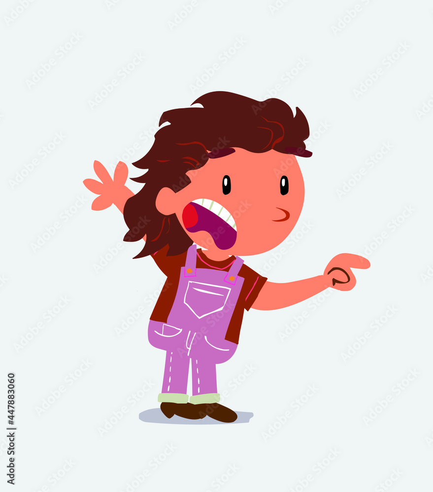 cartoon character of little girl on jeans pointing at something outraged. cartoon character of little girl on jeans pointing at something outraged.