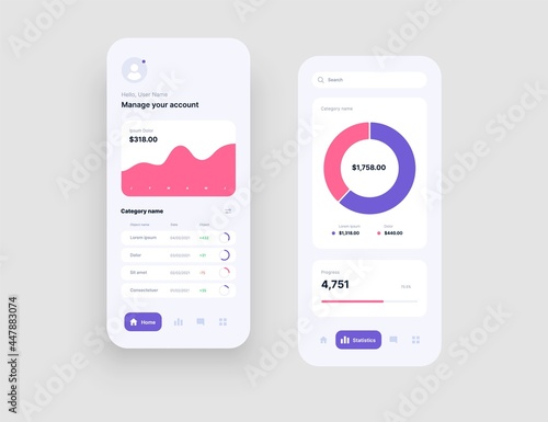 Mobile app interface design with UI and UX elements. Use design for web application or mobile app.