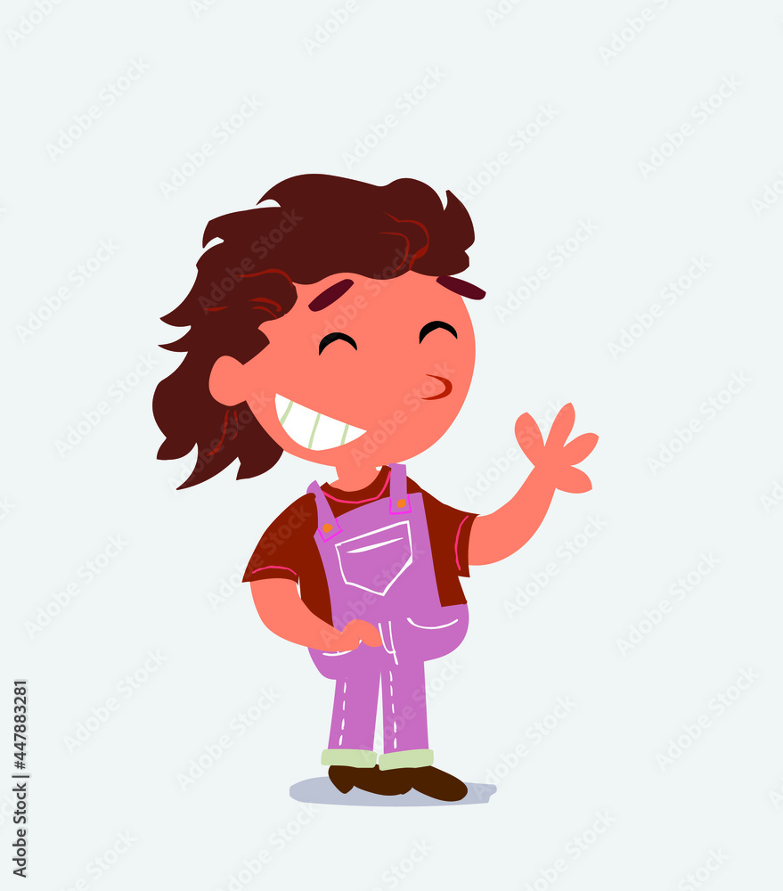 cartoon character of little girl on jeans waving informally while laughing. cartoon character of little girl on jeans waving informally while laughing.