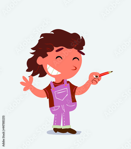 cartoon character of little girl on jeans says something funny while pointing to the side with a pencil.