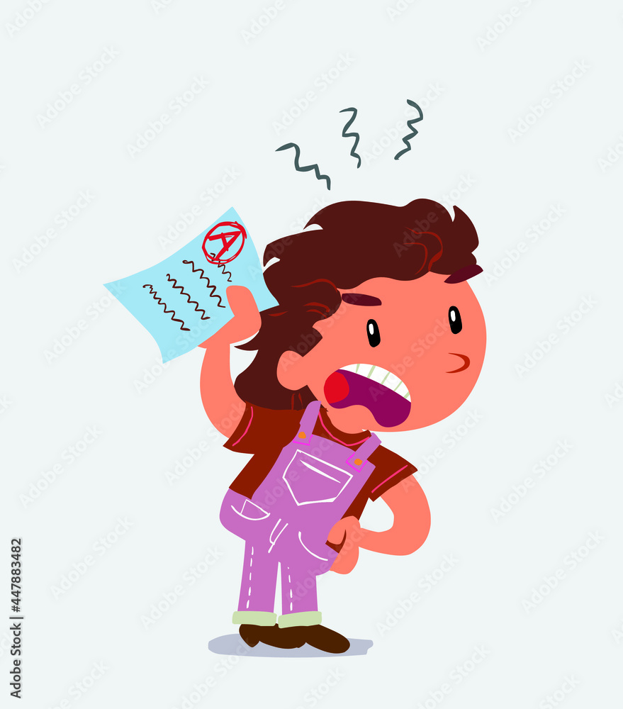 little girl on jeans waving a exam angrily.
