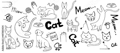 a set of doodles with cats and accessories. Black contours of stylized kittens