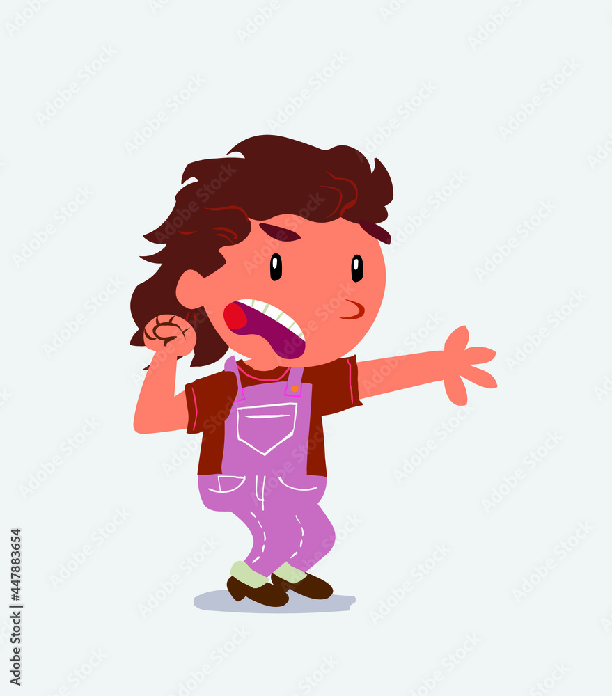 Very angry cartoon character of little girl on jeans pointing at something. Very angry cartoon character of little girl on jeans pointing at something.