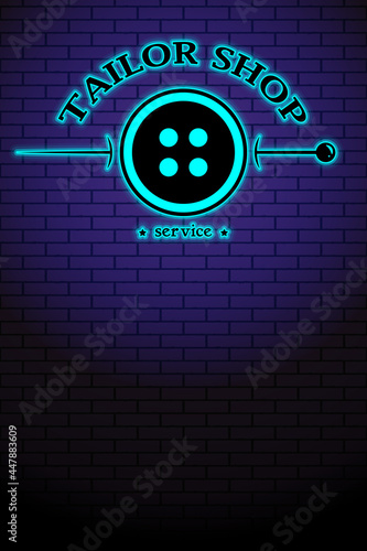 Tailor shop service. Repair and sewing of clothes. Vector Neon symbol, logo with workspace