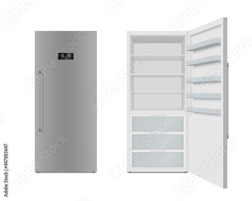 Set realistic refrigerator vector illustration. Electronic fridge with cooling temperature display