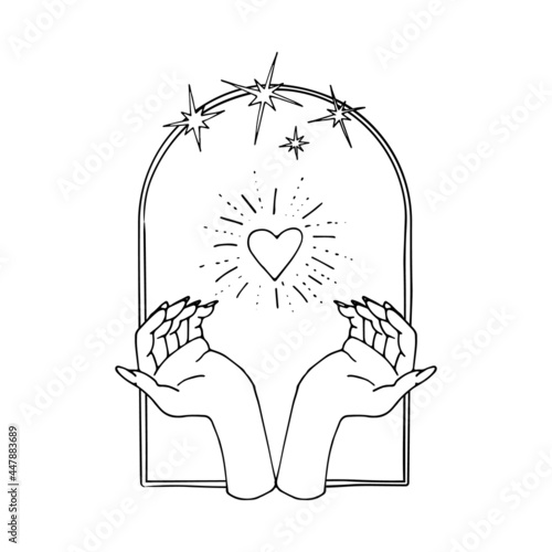 Vintage Mystic hands and shining heart inside arch with stars Illustration