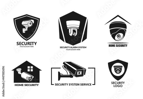 Set simple home security alarm system service logo vector flat illustration video recording camera