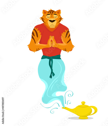vector illustration of a tiger in the image of a jinn coming out of a lamp, isolated on a white background