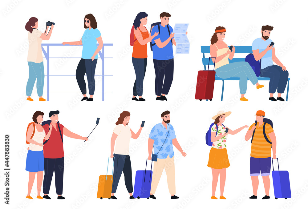 Obraz premium Set couple and friend tourists on summer vacation vector illustration man woman traveling together