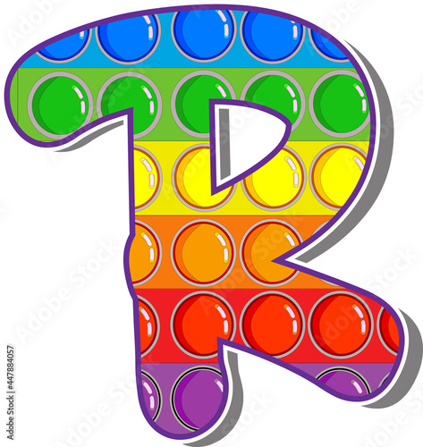 Letter R. Rainbow colored letters in the form of a popular children's game pop it. Bright letters on a white background.  Bright letters on a white background. 