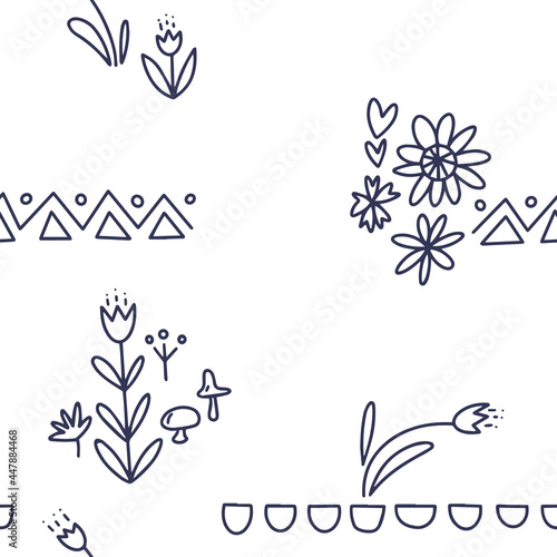 Pattern in folk style. Hand-drawn pattern with flowers.