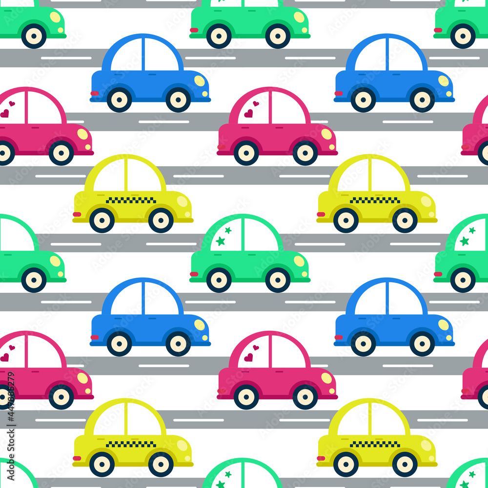 Pattern baby cars driving on the road, vector illustration. Background with cute vehicles of different colors. Template for wallpaper, fabric, packaging and design.
