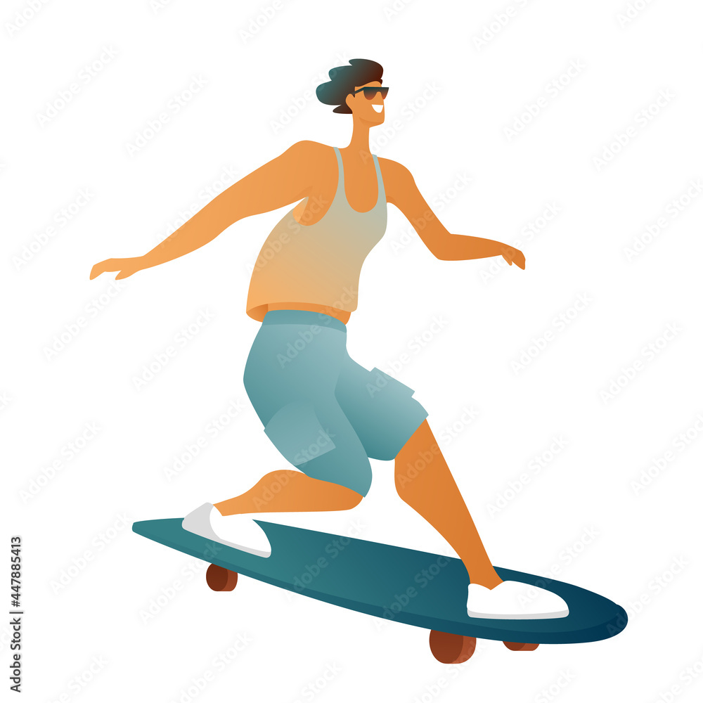 A guy rides a longboard in white sneakers on a white background. A man on a skateboard in glasses and summer shorts.
