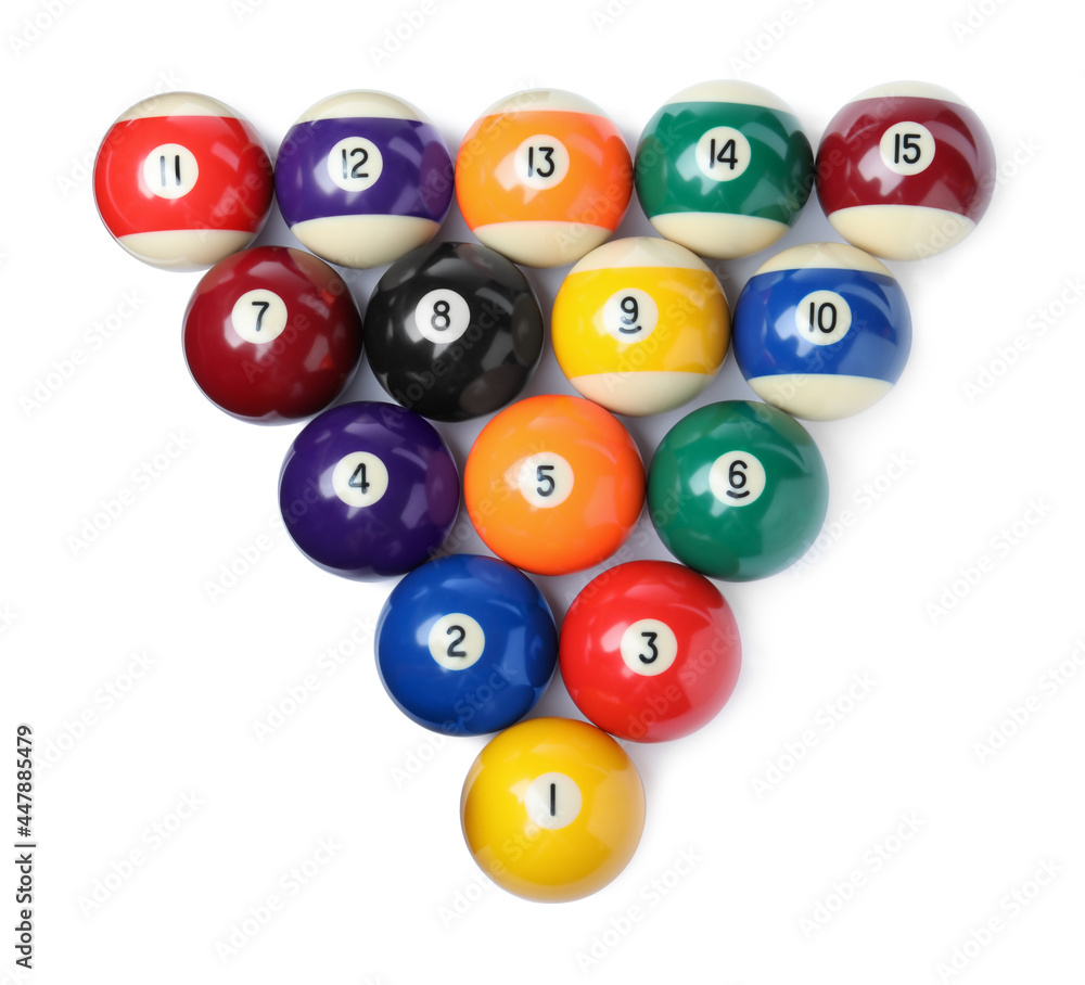 Set of billiard balls on white background, top view Set of billiard balls on white background, top view
