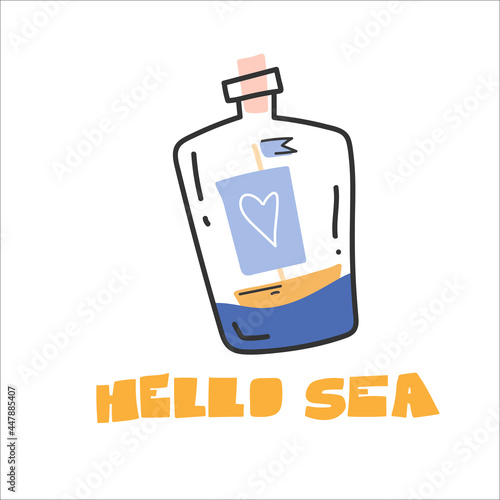 Ship, boat in a bottle. Cute marine illustration. Vector image, clipart, editable details.