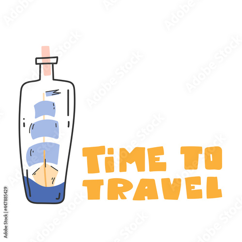 Ship, boat in a bottle. Cute marine illustration. Vector image, clipart, editable details.