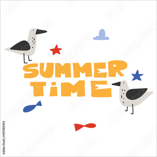 Summer time. 2 seagulls, starfish and fish. Cute marine illustration. Vector image, clipart, editable details.