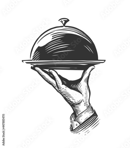 Hand holding tray with lid. Waiter serving food. Restaurant menu sketch vintage vector illustration