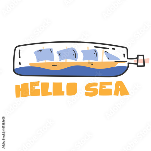 Ship, boat in a bottle. Cute marine illustration. Vector image, clipart, editable details.