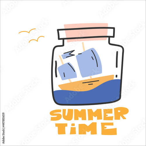 Ship, boat in a bottle. Cute marine illustration. Vector image, clipart, editable details.