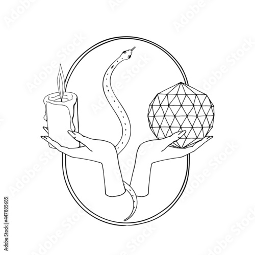 Vintage Mystic Hands holding lit candle and crystal ball on oval shape, with a small snake.