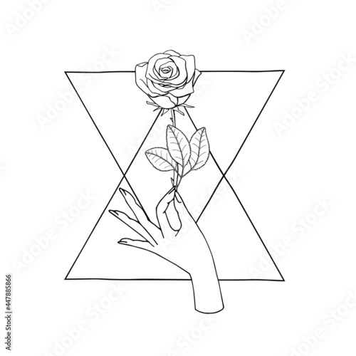 Vintage Boho Mystic Hand holding rose flower drawing on triangle shape background.