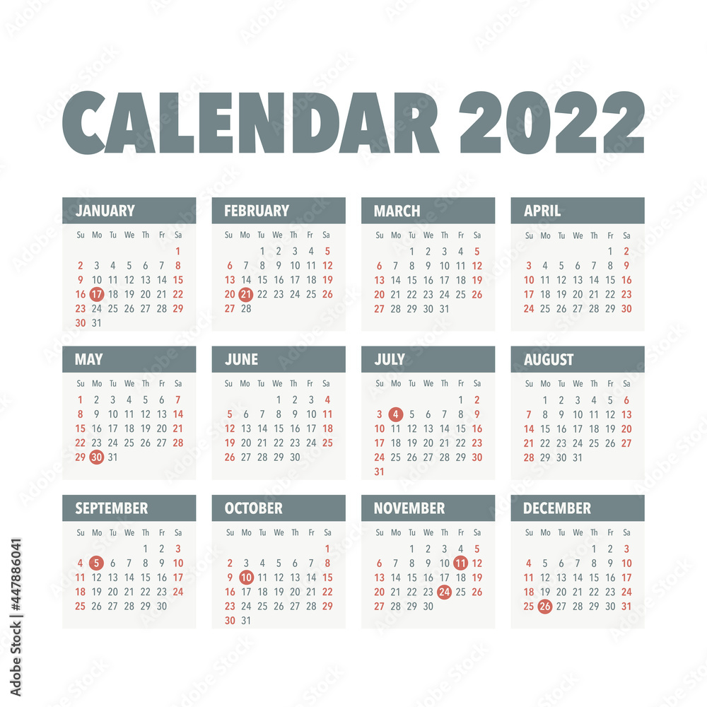 2022 Year Calendar. Week starts on Sunday. USA Holidays. Concept for print and WEB. Vector illustration. 2022 Year Calendar. Week starts on Sunday. USA Holidays. Concept for print and WEB. Vector illustration.