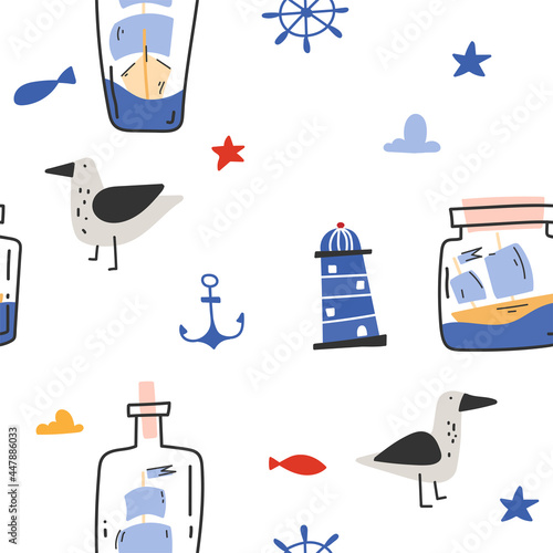Hand-drawn pattern with ships in bottles. Scandinavian sea pattern. Children's pattern with boats and seagulls