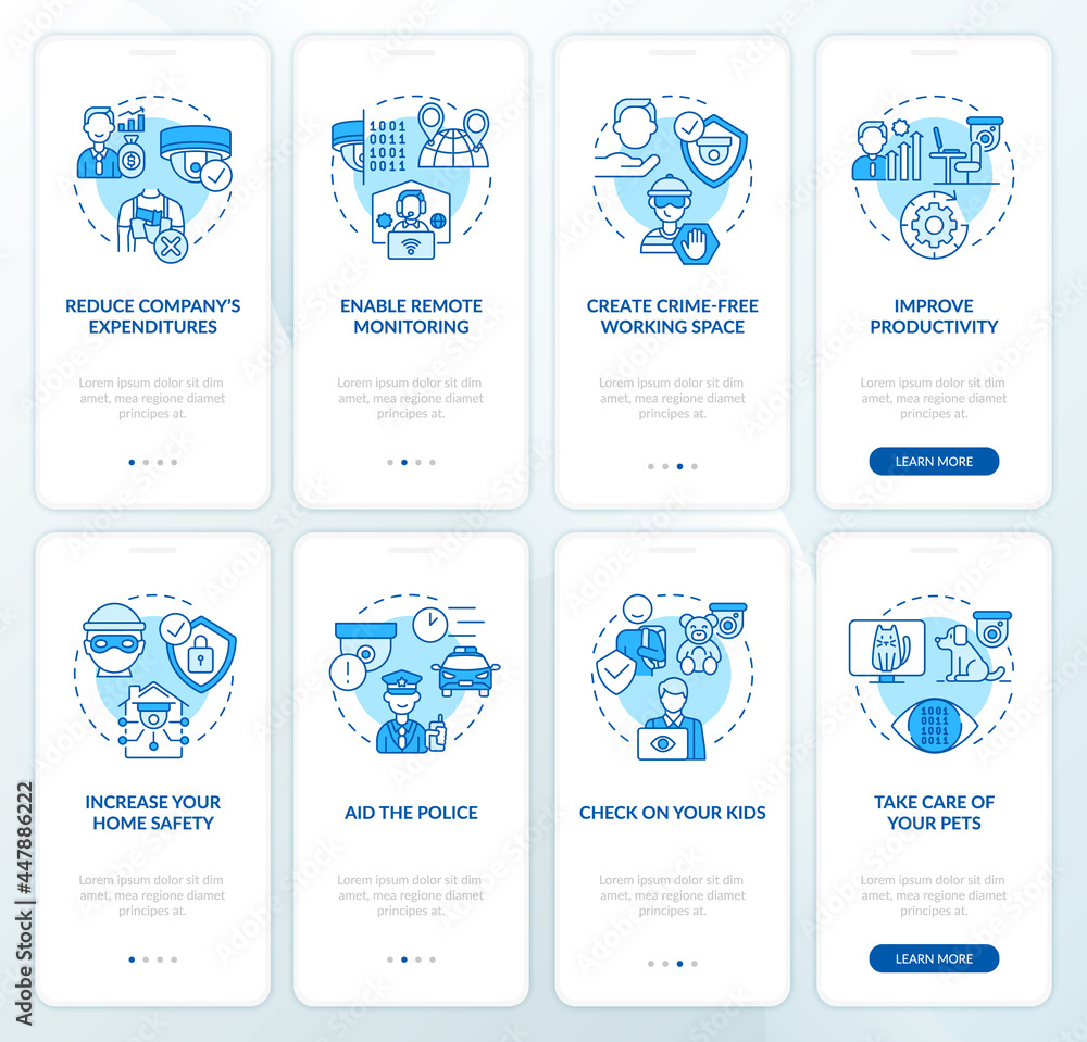 Security cameras onboarding mobile app page screen set. Surveillance system benefit walkthrough 4 steps graphic instructions with concepts. UI, UX, GUI vector template with linear color illustrations