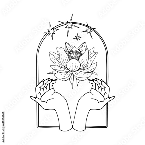 Vintage Mystic hands and lotus flower bloom inside arch with stars Illustration