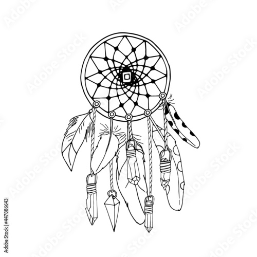 Vintage round dreamcatcher with crystals and feathers. Boho decoration ring illustration