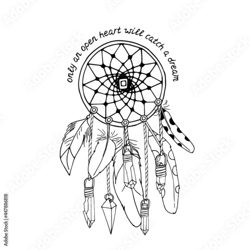 Vintage dreamcatcher with feathers and crystals and hand lettering Only an Open Heart Will Catch a Dream. Boho decoration ring illustration
