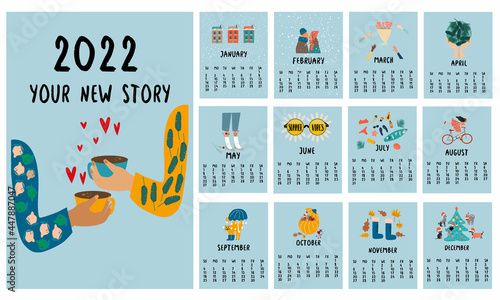Calendar design concept. Cute and cozy calendar for the whole year 2022. Each month displays a picture of something important in each month. Vector illustration 