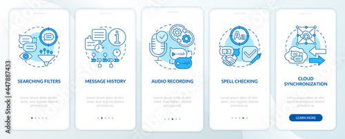 Best messaging feature blue onboarding mobile app page screen. Chat history walkthrough 5 steps graphic instructions with concepts. UI, UX, GUI vector template with linear color illustrations