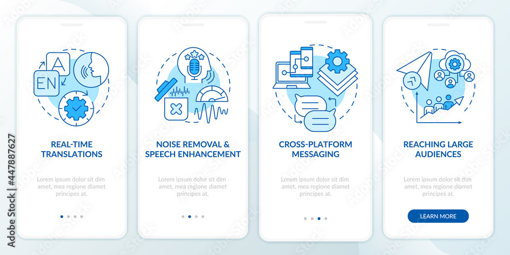 IM advanced feature blue onboarding mobile app page screen. Cross platform messaging walkthrough 4 steps graphic instructions with concepts. UI, UX, GUI vector template with linear color illustrations