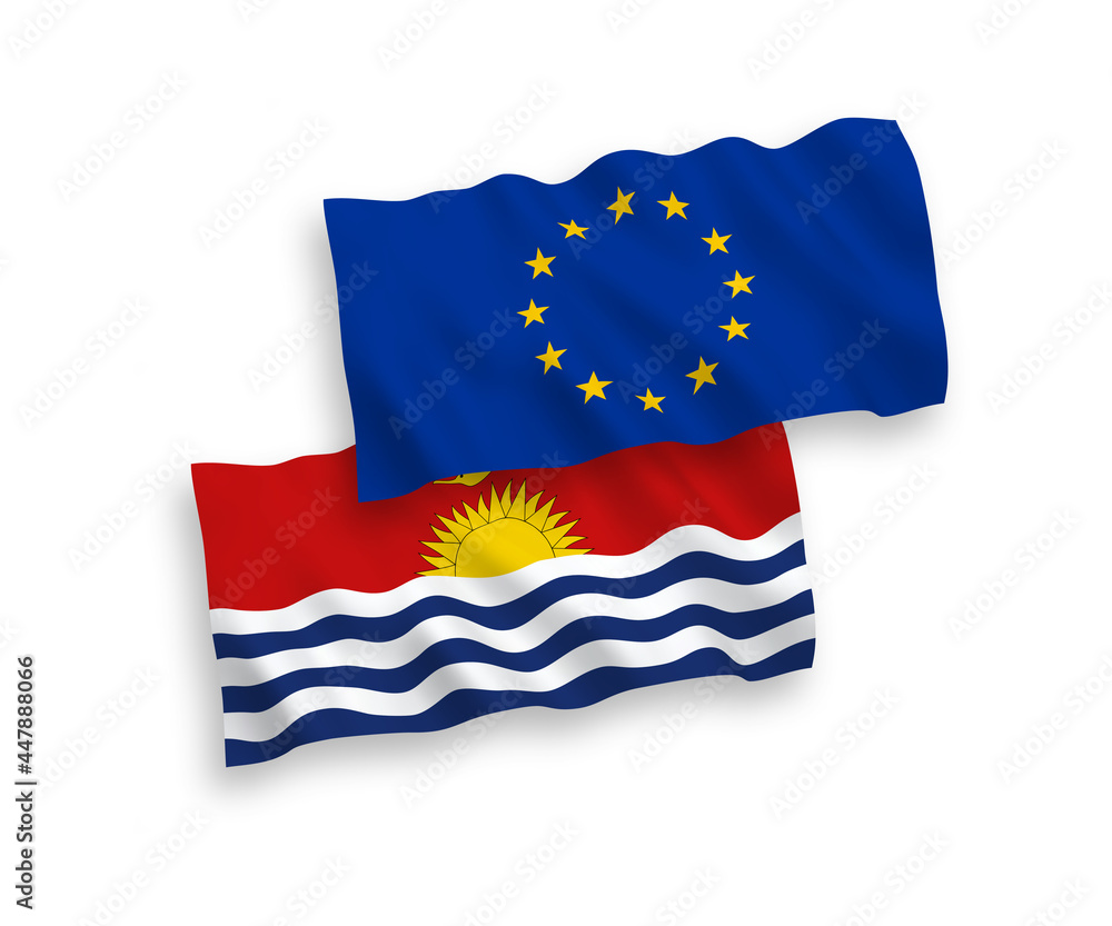 National vector fabric wave flags of European Union and Republic of Kiribati isolated on white background. 1 to 2 proportion. National vector fabric wave flags of European Union and Republic of Kiribati isolated on white background. 1 to 2 proportion.