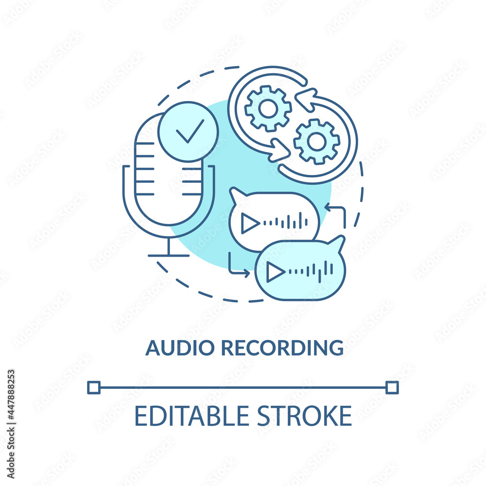 Audio recording blue concept icon. Communication service. Sound recorder for online mail. Message software abstract idea thin line illustration. Vector isolated outline color drawing. Editable stroke Audio recording blue concept icon. Communication service. Sound recorder for online mail. Message software abstract idea thin line illustration. Vector isolated outline color drawing. Editable stroke