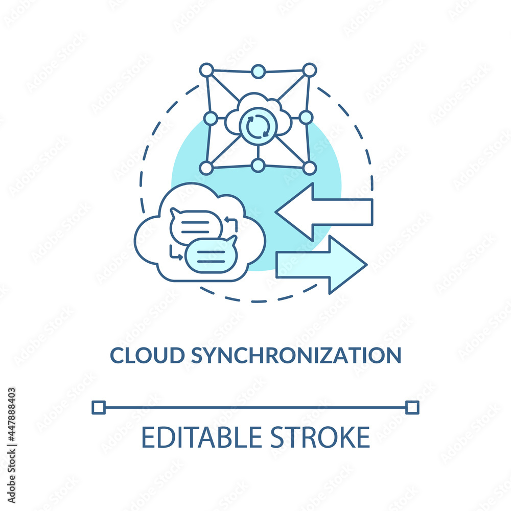 Cloud synchronization blue concept icon. Files backup online service. Data storage. Messaging software abstract idea thin line illustration. Vector isolated outline color drawing. Editable stroke Cloud synchronization blue concept icon. Files backup online service. Data storage. Messaging software abstract idea thin line illustration. Vector isolated outline color drawing. Editable stroke