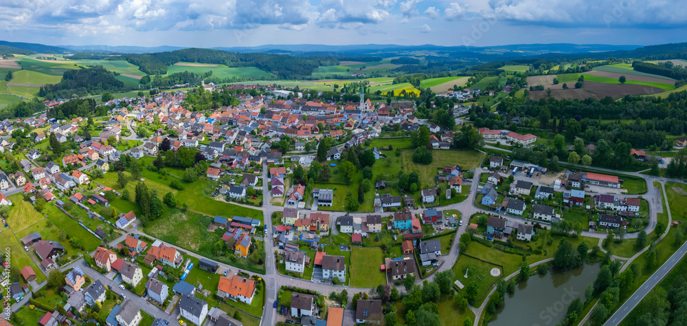 Aerial view of the city Pleystein in Germany, on a sunny day in spring.