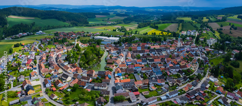 Aerial view of the city Pleystein in Germany, on a sunny day in spring.