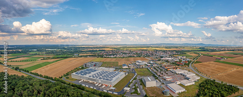 Drone panorama over the village Wolfskehlen in the Hessian district Gross-Gerau