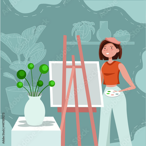 Female artist standing in front of the easel with linear iconic blue background drawing a vase still life. Good for flat design video, web or advertisment in social media.