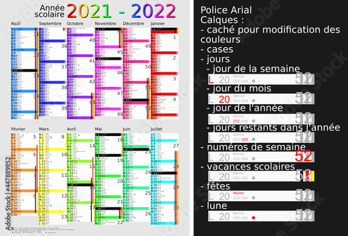 Calendrier scolaire 2021-2022, calques, vacances scolaires, Saints, 12 mois