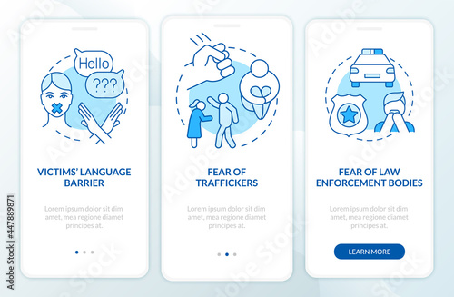 Human slavery victims onboarding mobile app page screen. Stress aftermath walkthrough 3 steps graphic instructions with concepts. UI, UX, GUI vector template with linear color illustrations